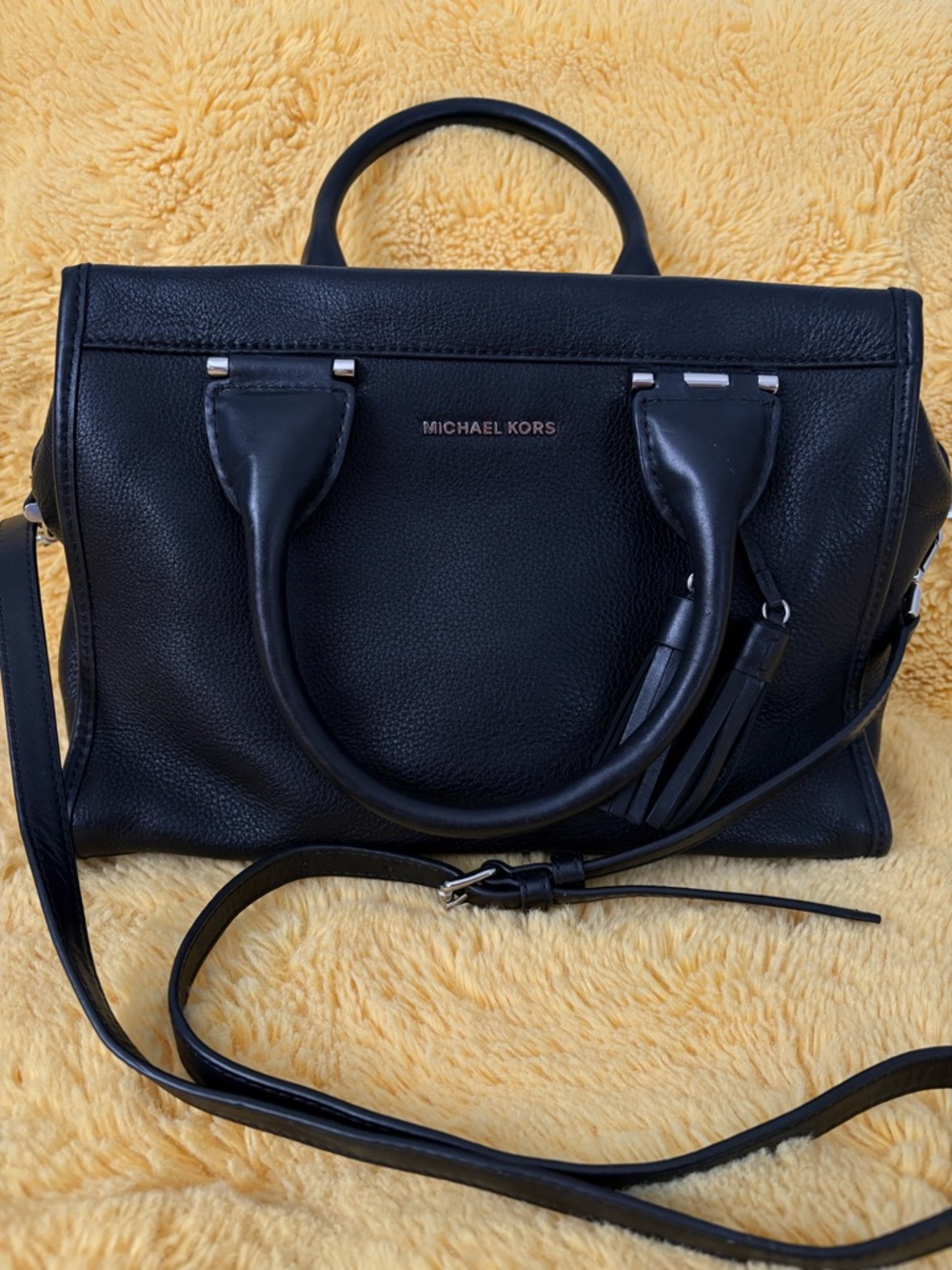 Michael Kors Black Leather Satchel with Top Handles and Crossbody Strap